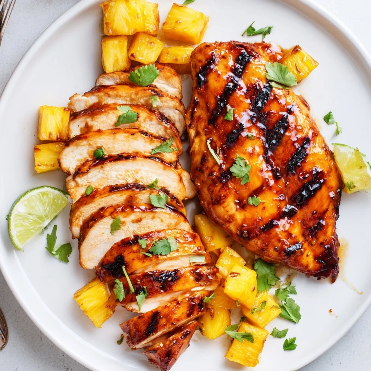 Sliced Grilled Mango Pineapple Chicken Recipe served over coconut rice with tangy lime