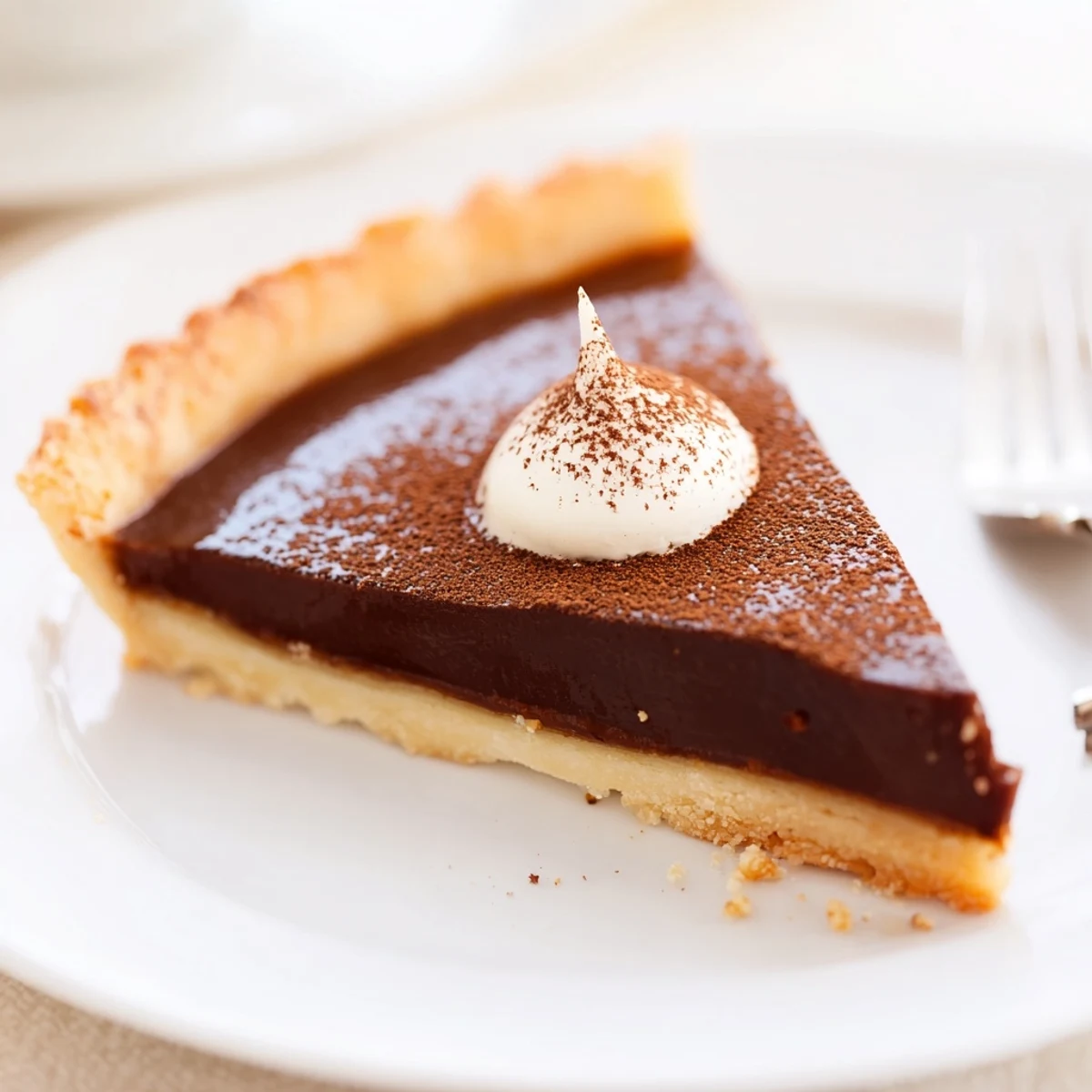 French Chocolate Flan set on tart pan, glossy custard and flaky crust  