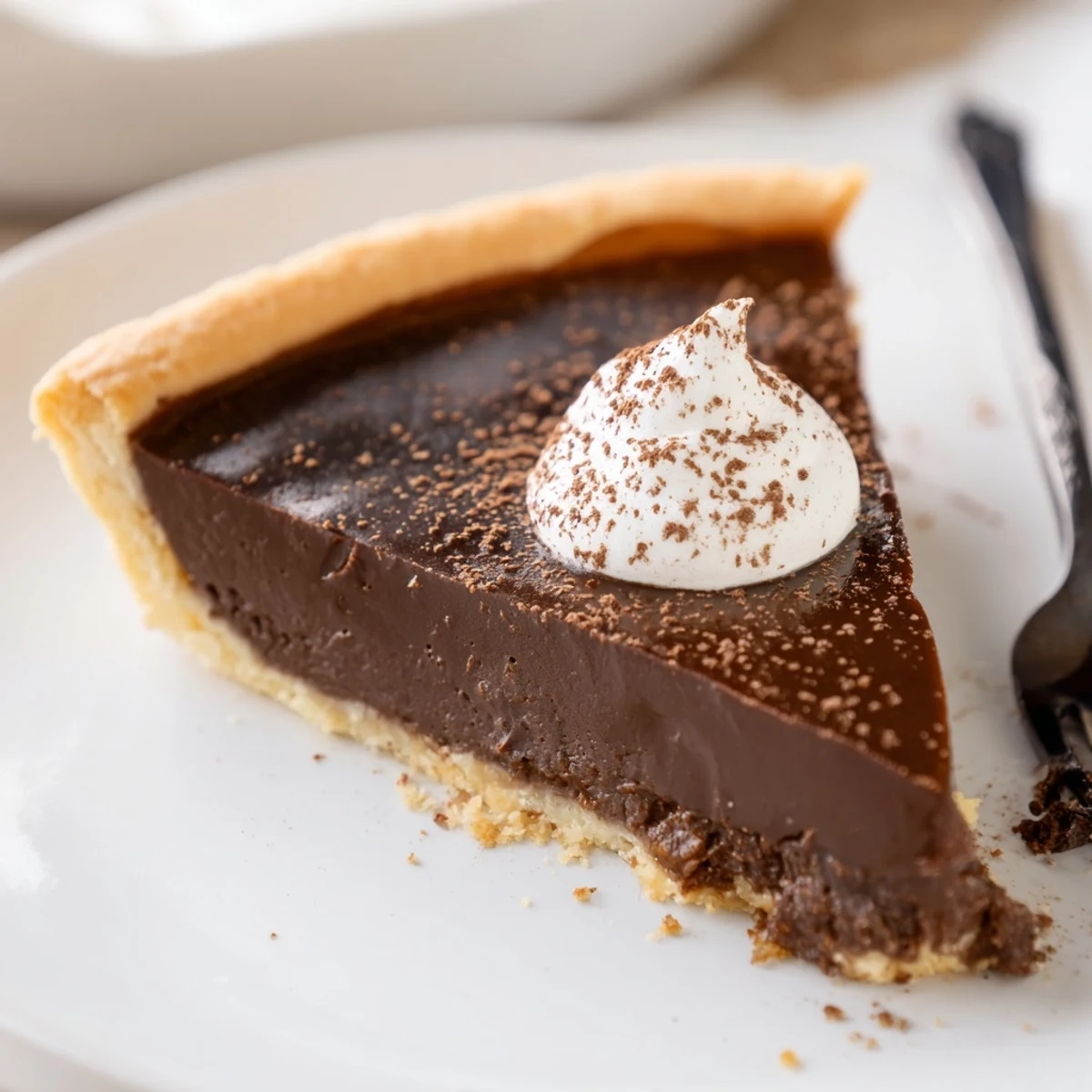 Slice of French Chocolate Flan with silky center, dusted cocoa, fresh berries  