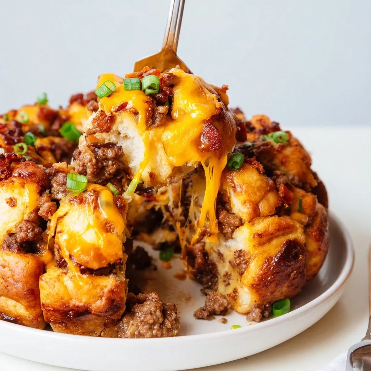 Cheesy Beef Bacon Ranch Monkey Bread piled on platter, perfect for game day sharing