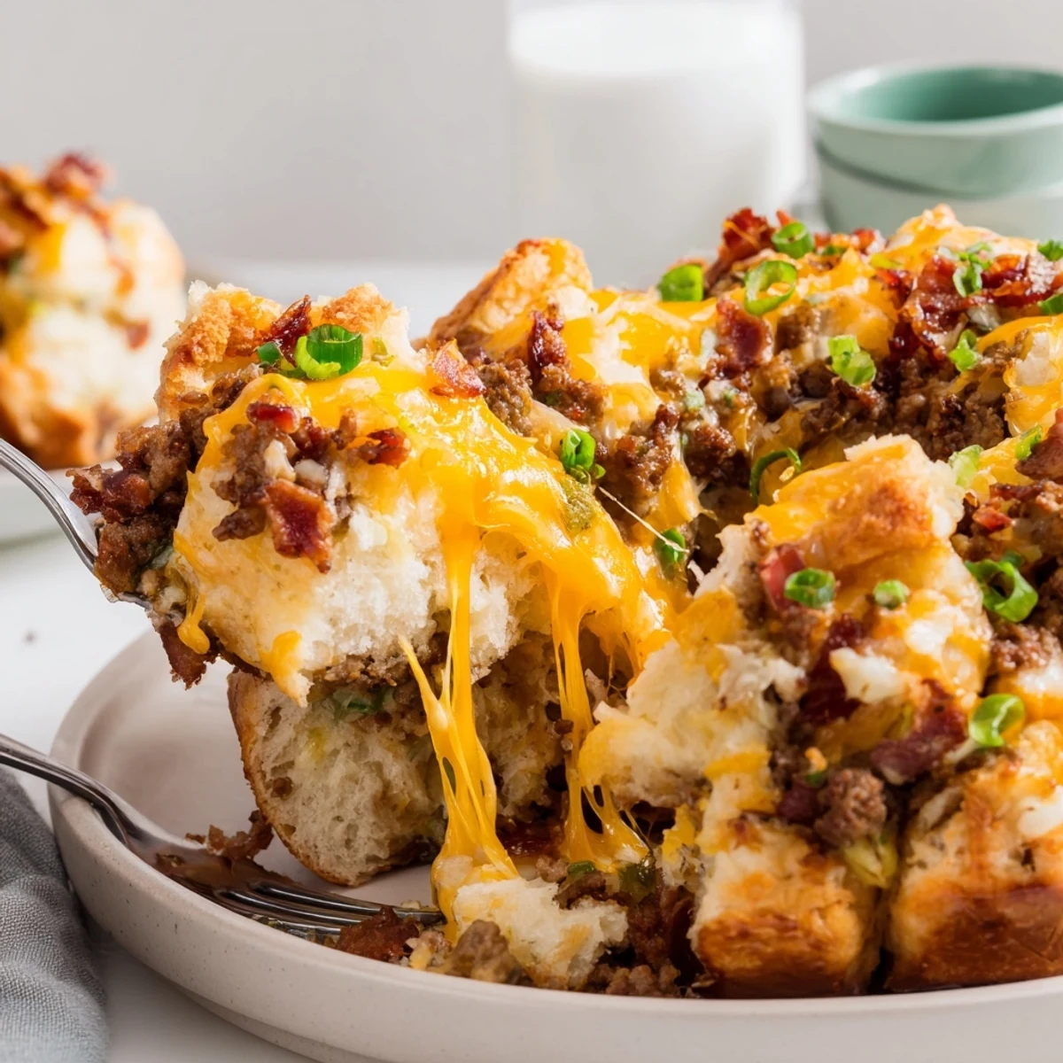 Warm Cheesy Beef Bacon Ranch Monkey Bread, gooey cheese strands and crispy bacon