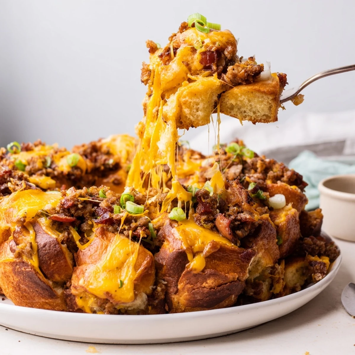 Sliced Cheesy Beef Bacon Ranch Monkey Bread steaming, served with extra ranch dip