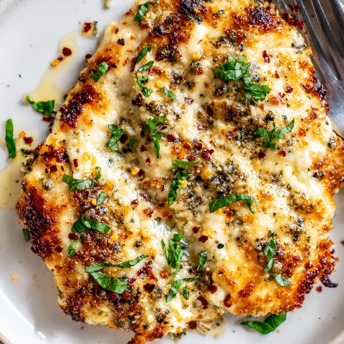 Tasty Baked Ricotta Chicken with golden bubbly cheese, garnished with parsley, steaming