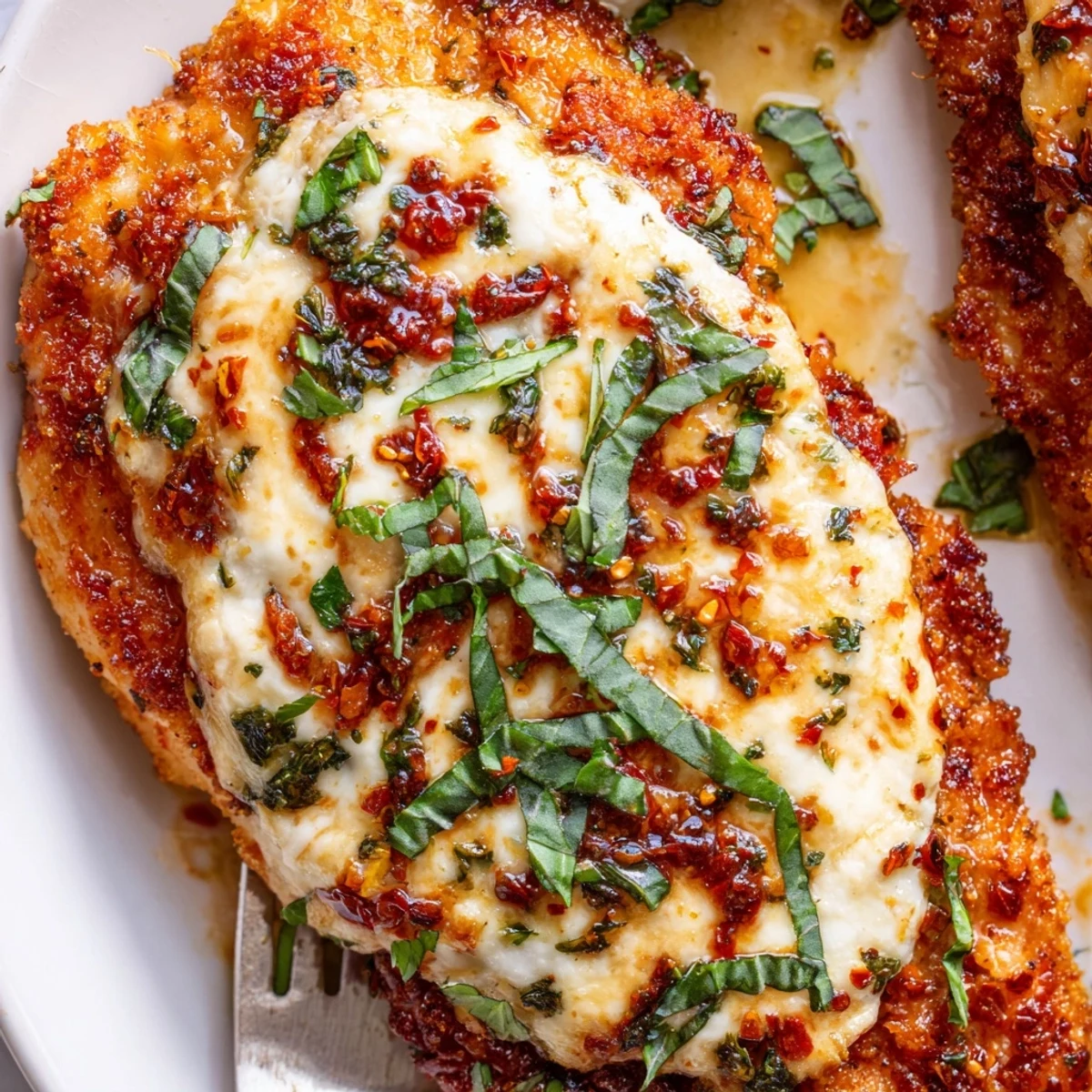 Oven fresh Tasty Baked Ricotta Chicken resting on plate, creamy herb topping