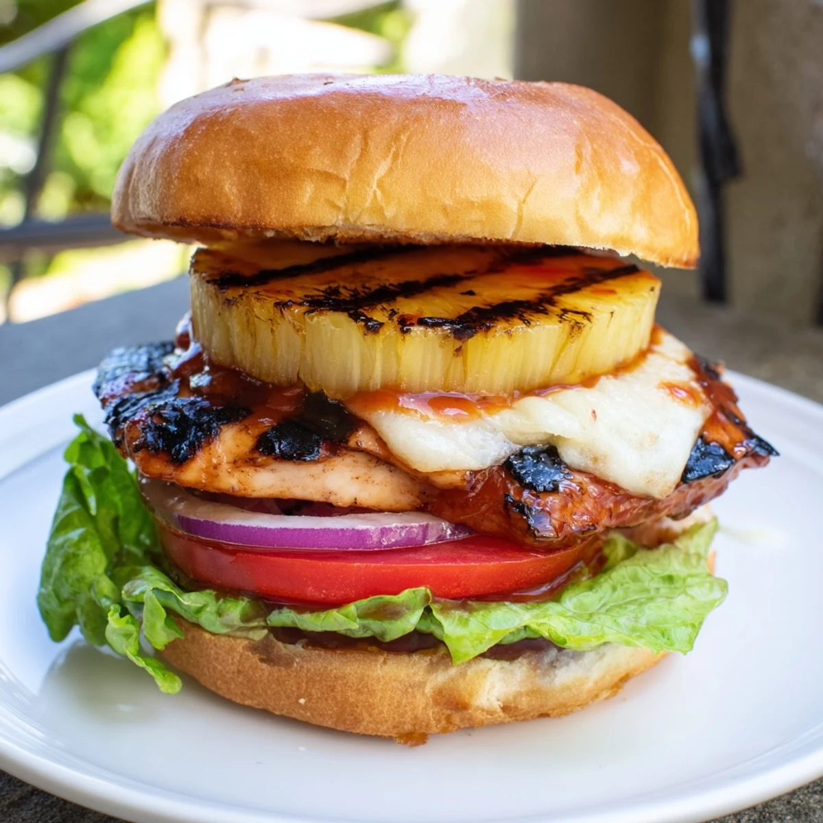 Grilled Hawaiian Chicken Sandwiches with charred pineapple, melted Swiss, toasted bun