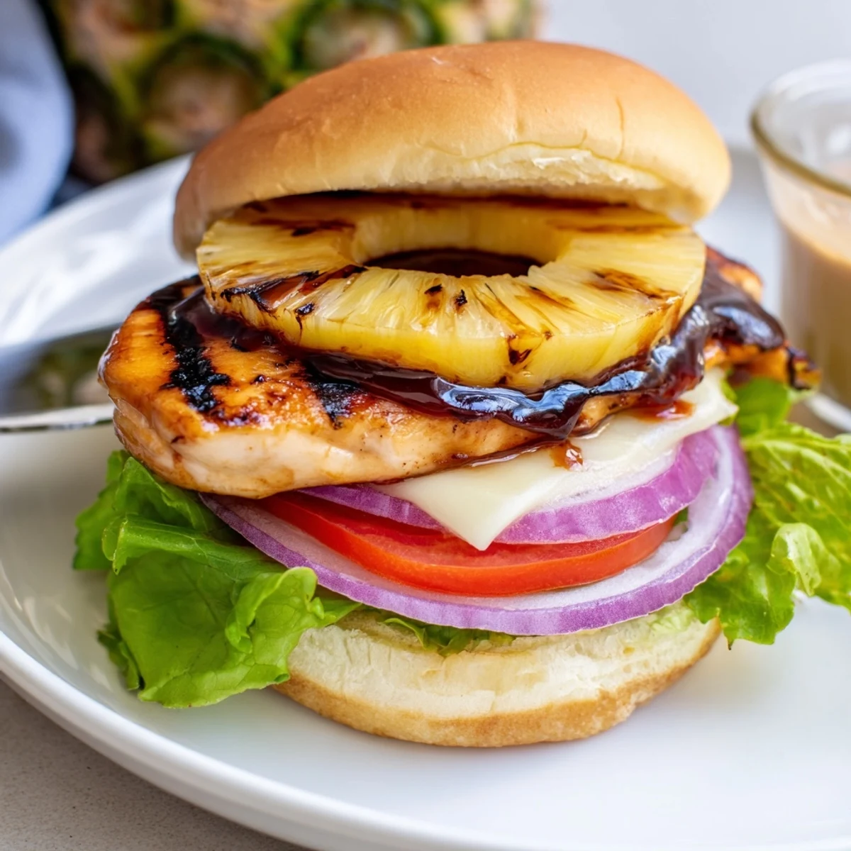Plated Grilled Hawaiian Chicken Sandwiches steaming on plate, tangy teriyaki glaze visible