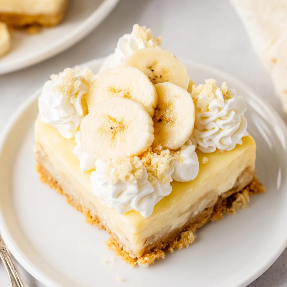 Chilled Banana Pudding Cheesecake Squares on vanilla wafer crust, topped with bananas