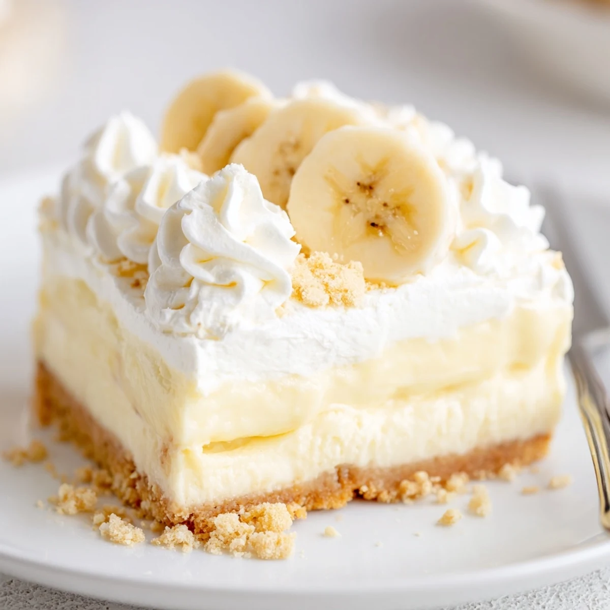 Close-up slice of Banana Pudding Cheesecake Squares reveals creamy layers, whipped topping