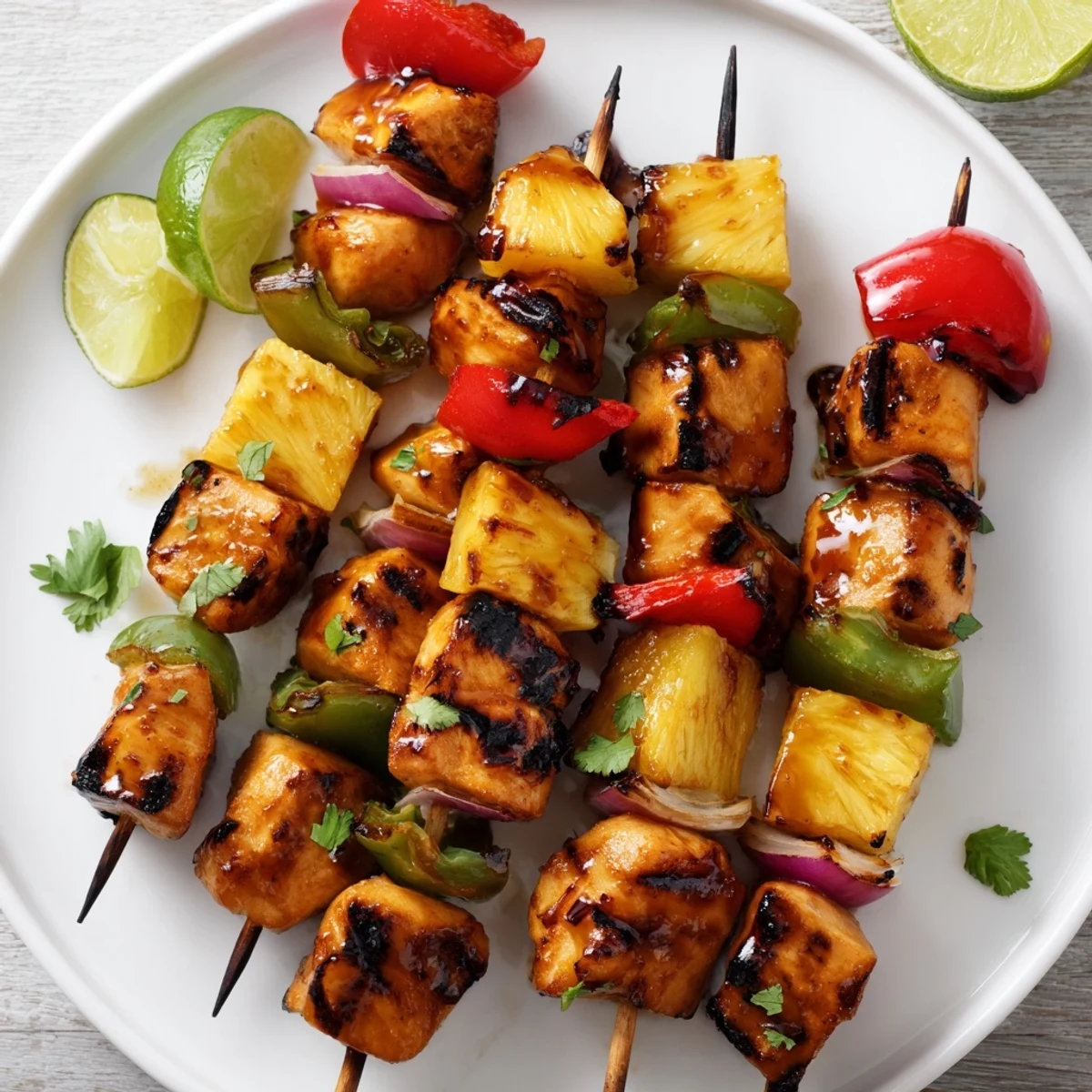 Grilled Hawaiian Chicken Kabobs glistening with pineapple and charred bell peppers