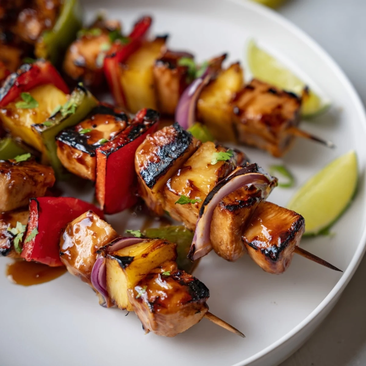 Skewered Hawaiian Chicken Kabobs served hot with lime wedges and cilantro