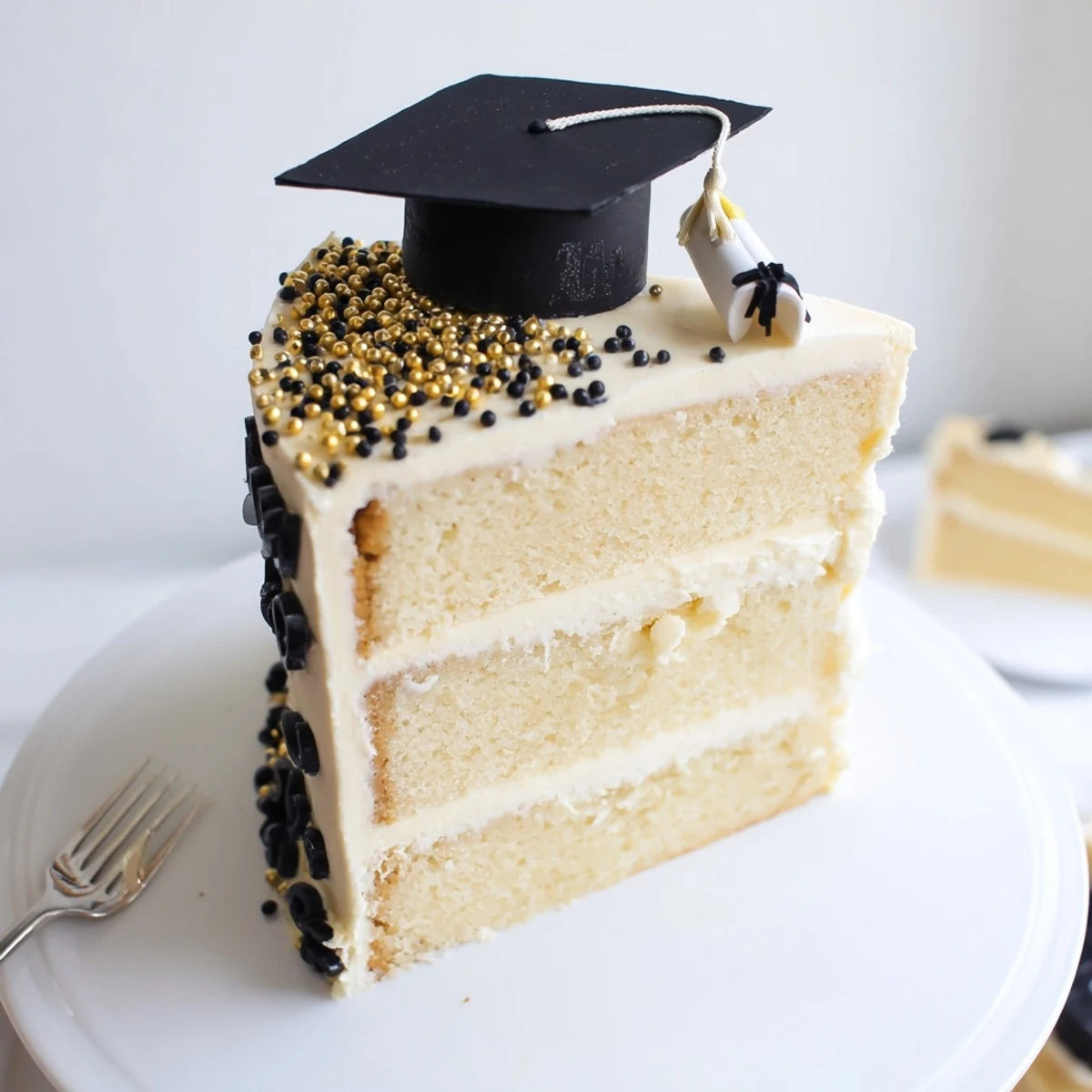 Homestyle Graduation Cake Recipe on cake stand, sliced, ready to serve.
