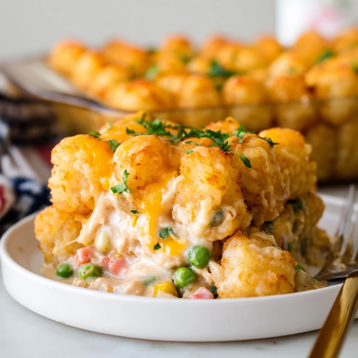 Cheesy Chicken Tater Tot Bake Delight bubbling golden, crispy tots, melted cheddar.