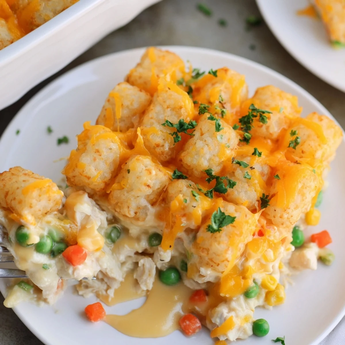 A slice of Cheesy Chicken Tater Tot Bake Delight served warm with parsley.