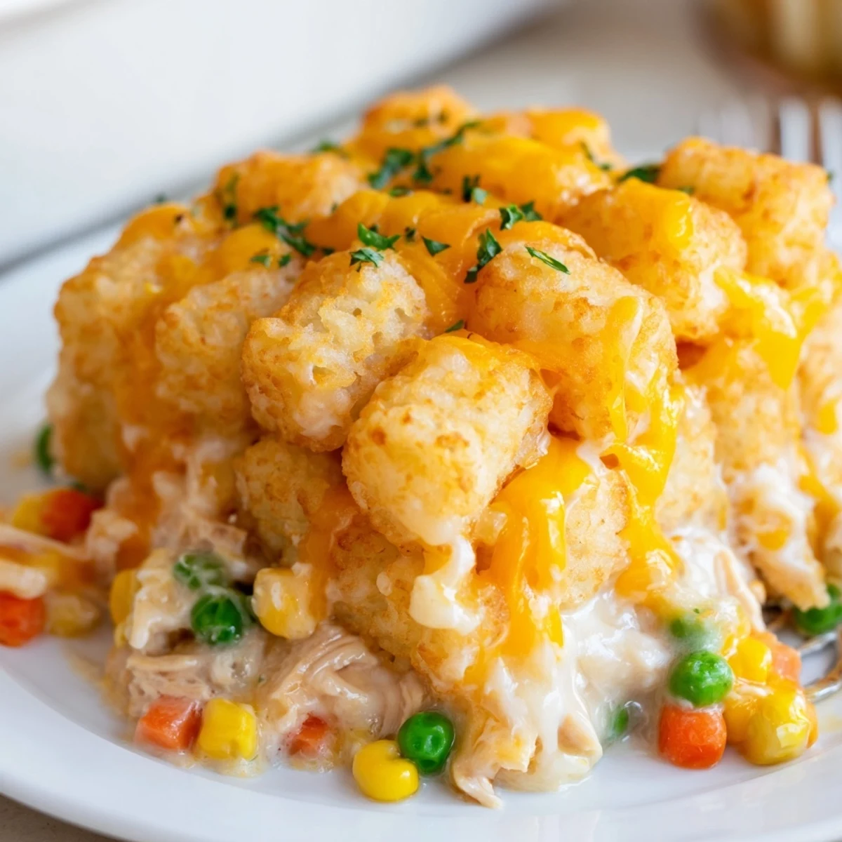 Family-style Cheesy Chicken Tater Tot Bake Delight with tender chicken, savory creaminess.