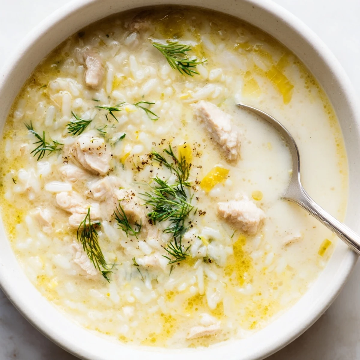 Velvety Greek Lemon Chicken Soup ladled into bowl, warm citrus aroma rising
