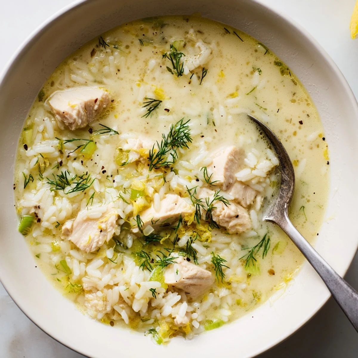 Creamy Greek Lemon Chicken Soup steaming in bowl, tender chicken and rice