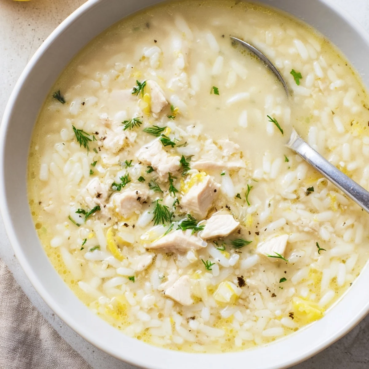 Bright Greek Lemon Chicken Soup garnished with fresh dill, crusty bread nearby