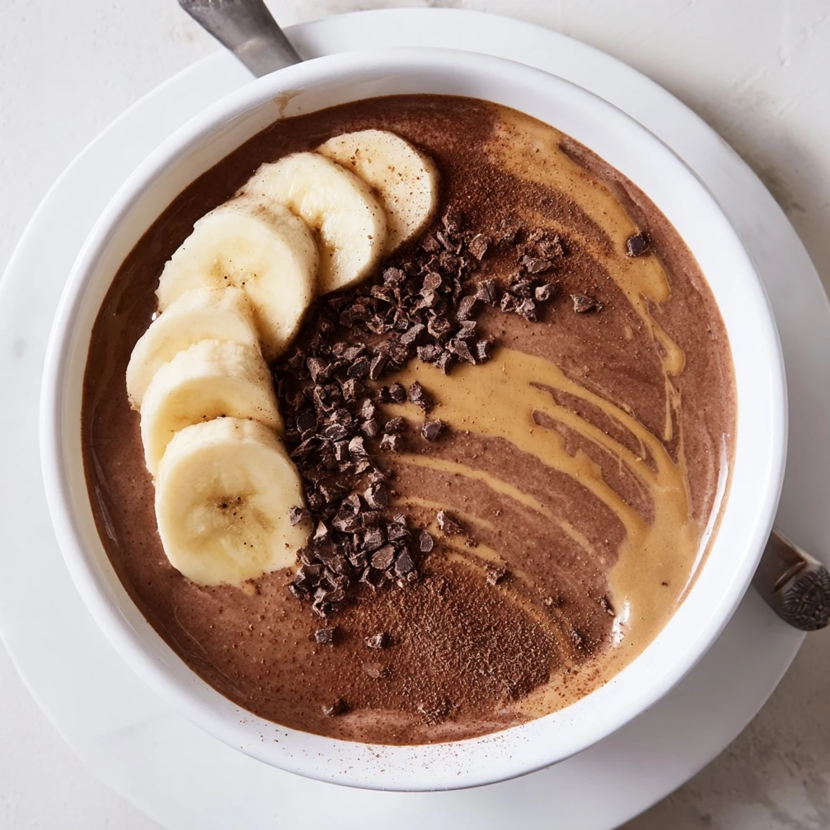 Thick Chocolate Peanut Butter Protein Smoothie in a glass, creamy banana swirls