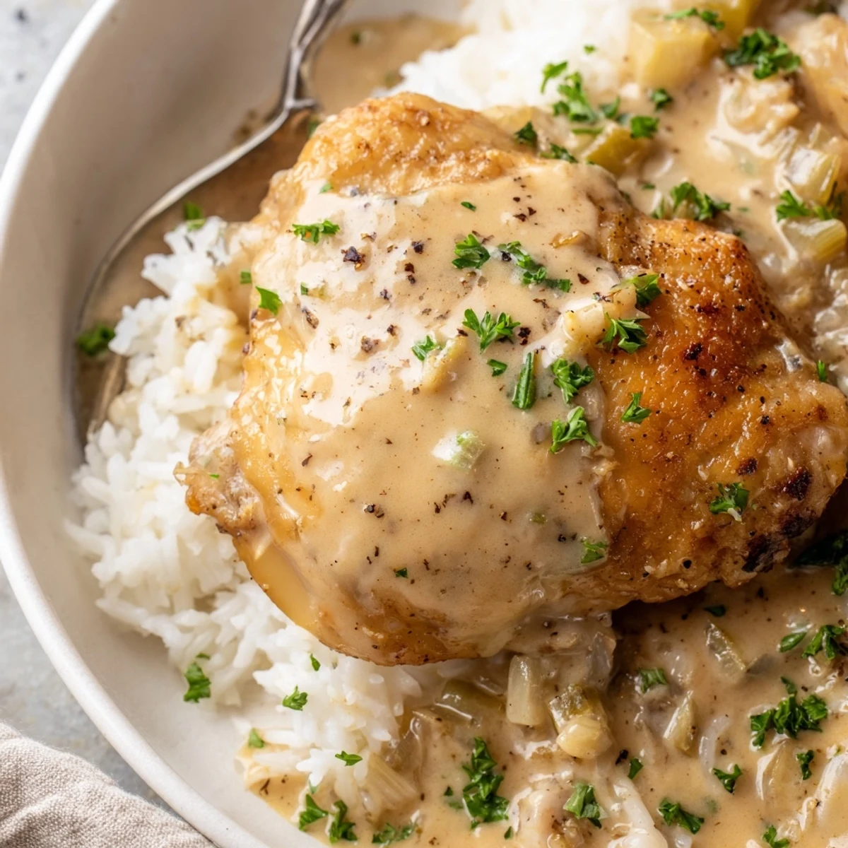 Smothered Chicken And Rice in a skillet, golden thighs, creamy gravy.