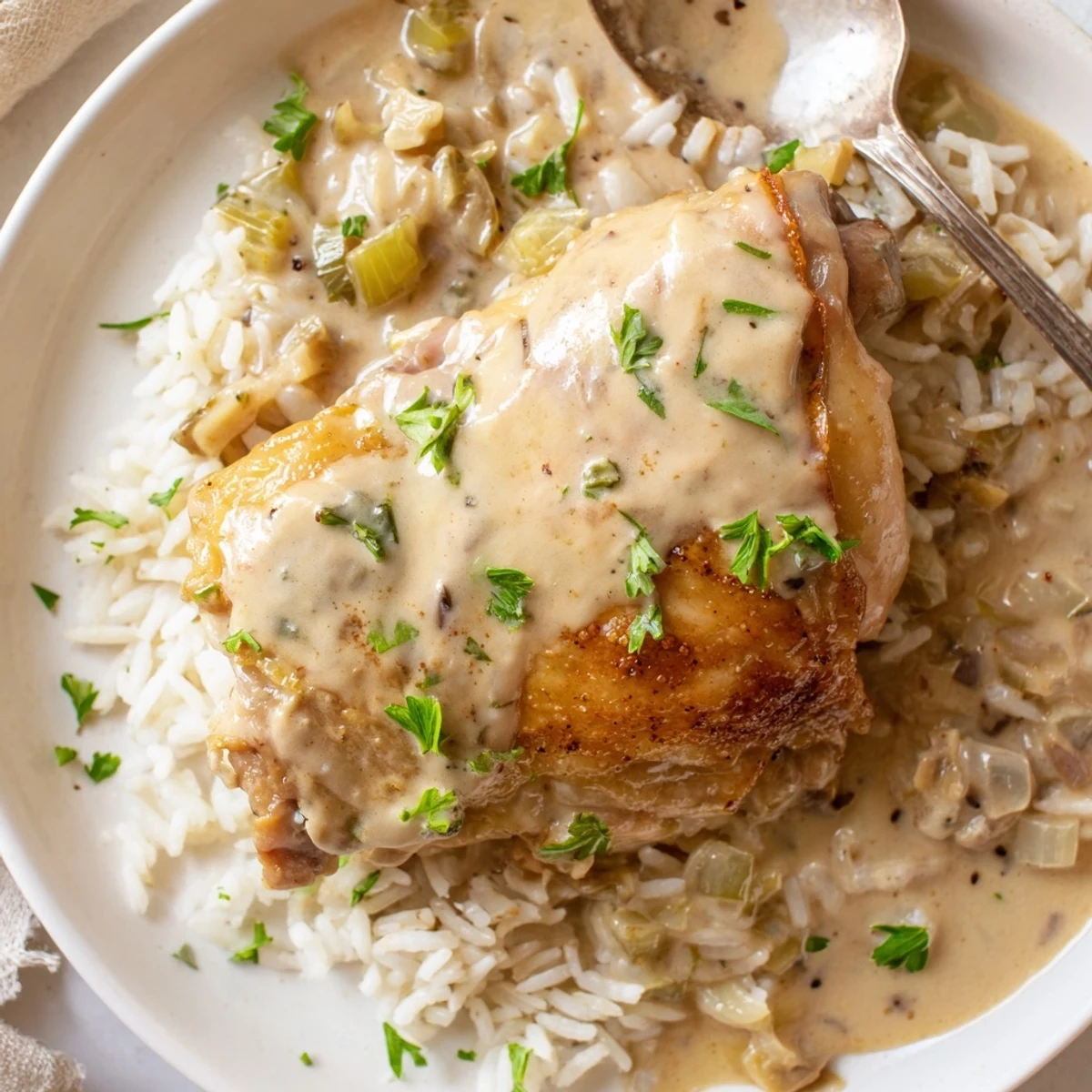 Steam rising from Smothered Chicken And Rice, savory vegetables, juicy chicken.