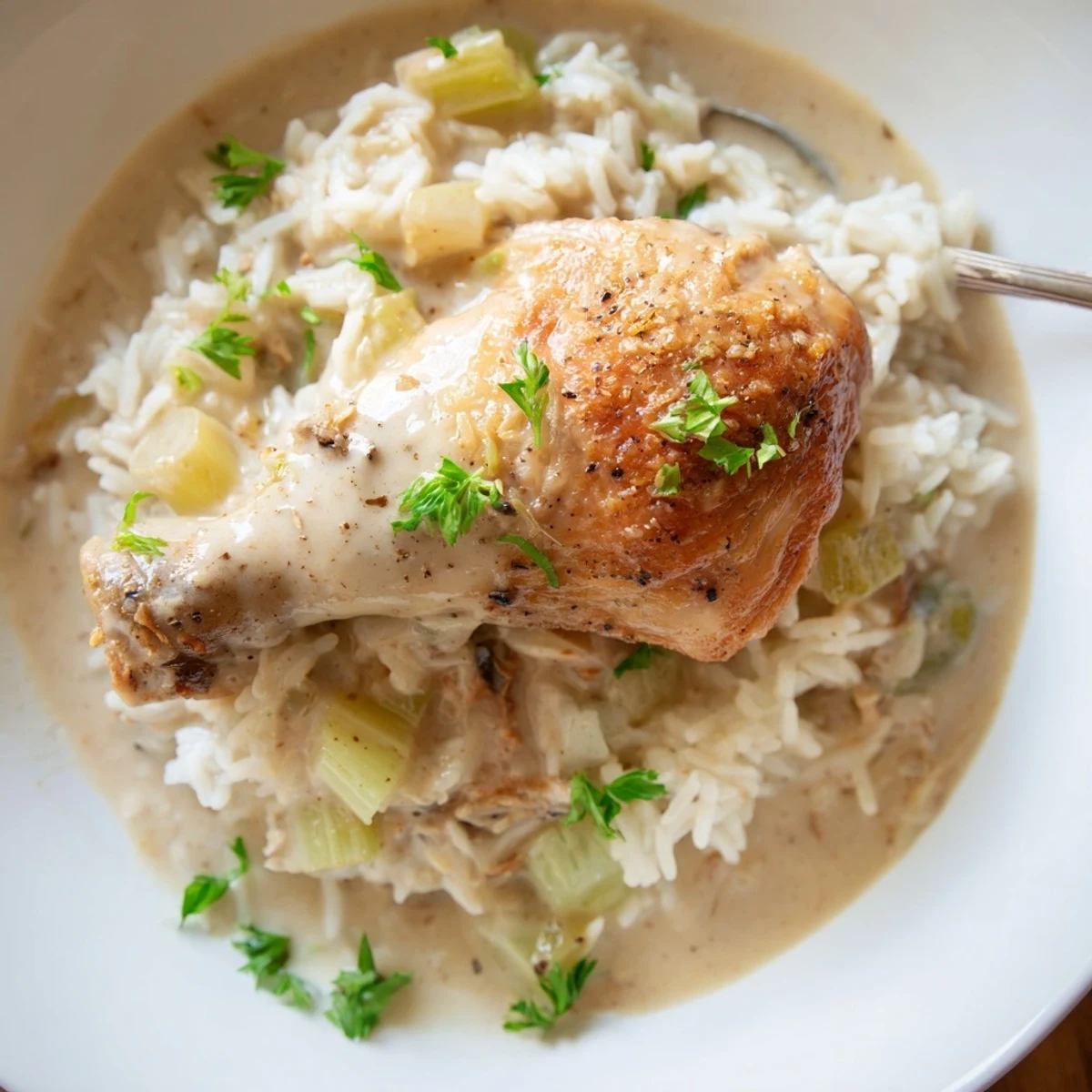 Hearty Smothered Chicken And Rice served hot with parsley, buttery silky sauce.