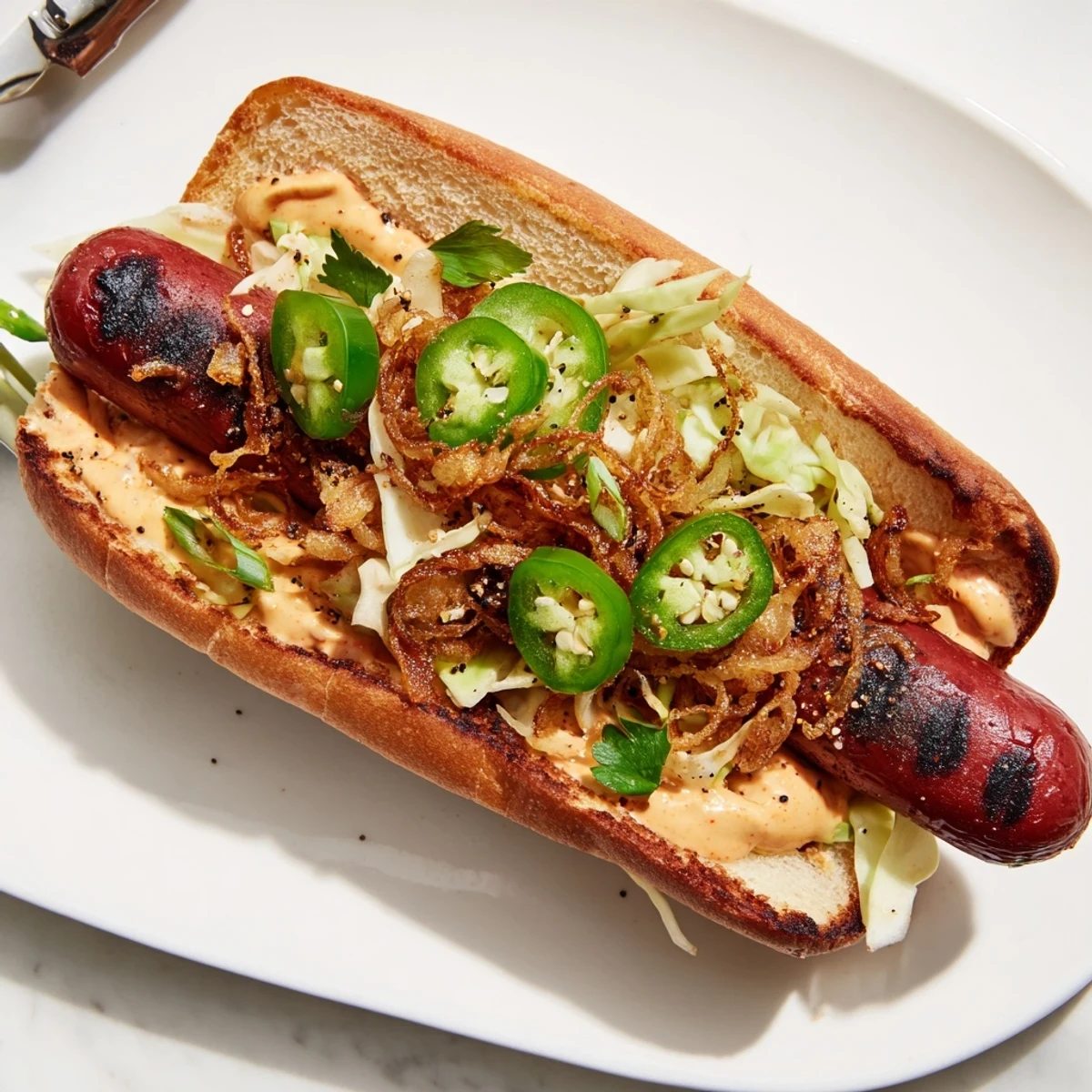 Grilled Spicy Firecracker Hot Dogs Recipe with charred sausages and crunchy toppings