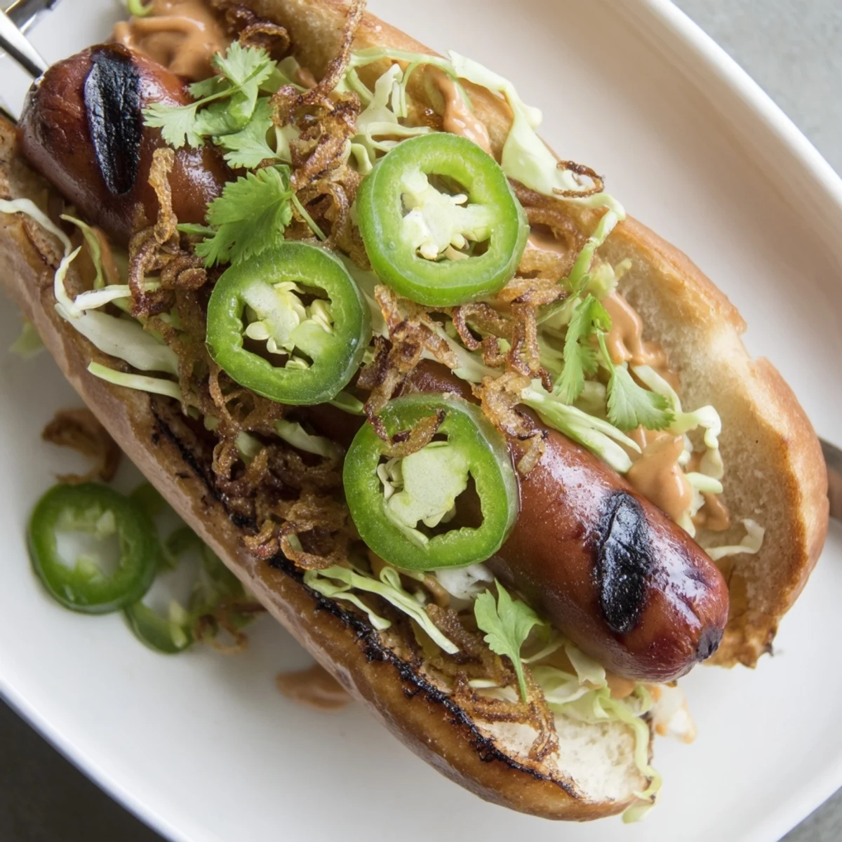 Spicy Firecracker Hot Dogs Recipe drizzled with zesty sauce, jalapeños, and slaw