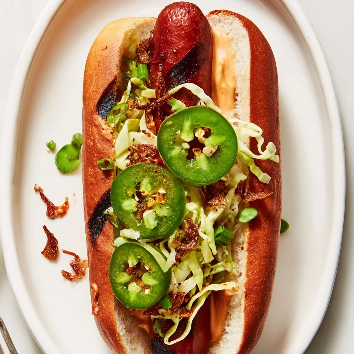 Family-style Spicy Firecracker Hot Dogs Recipe served hot with crispy fried onions
