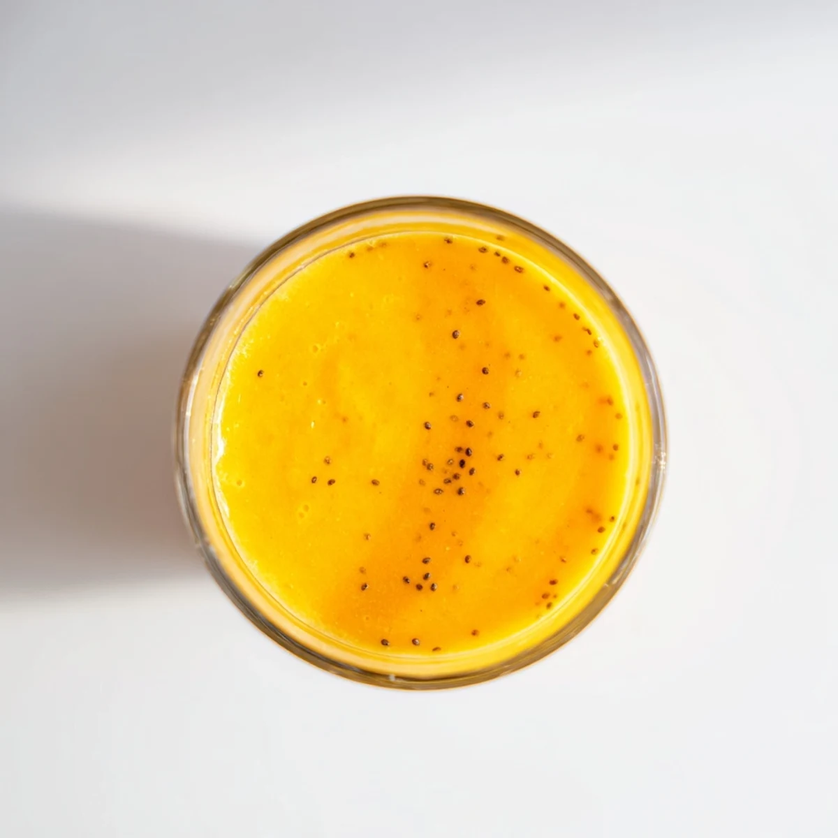 Glass of Tropical Sunrise Protein Smoothie with bright yellow orange hue, smoothie consistency, and optional toasted coconut or fruit slice garnish on a sunny kitchen counter