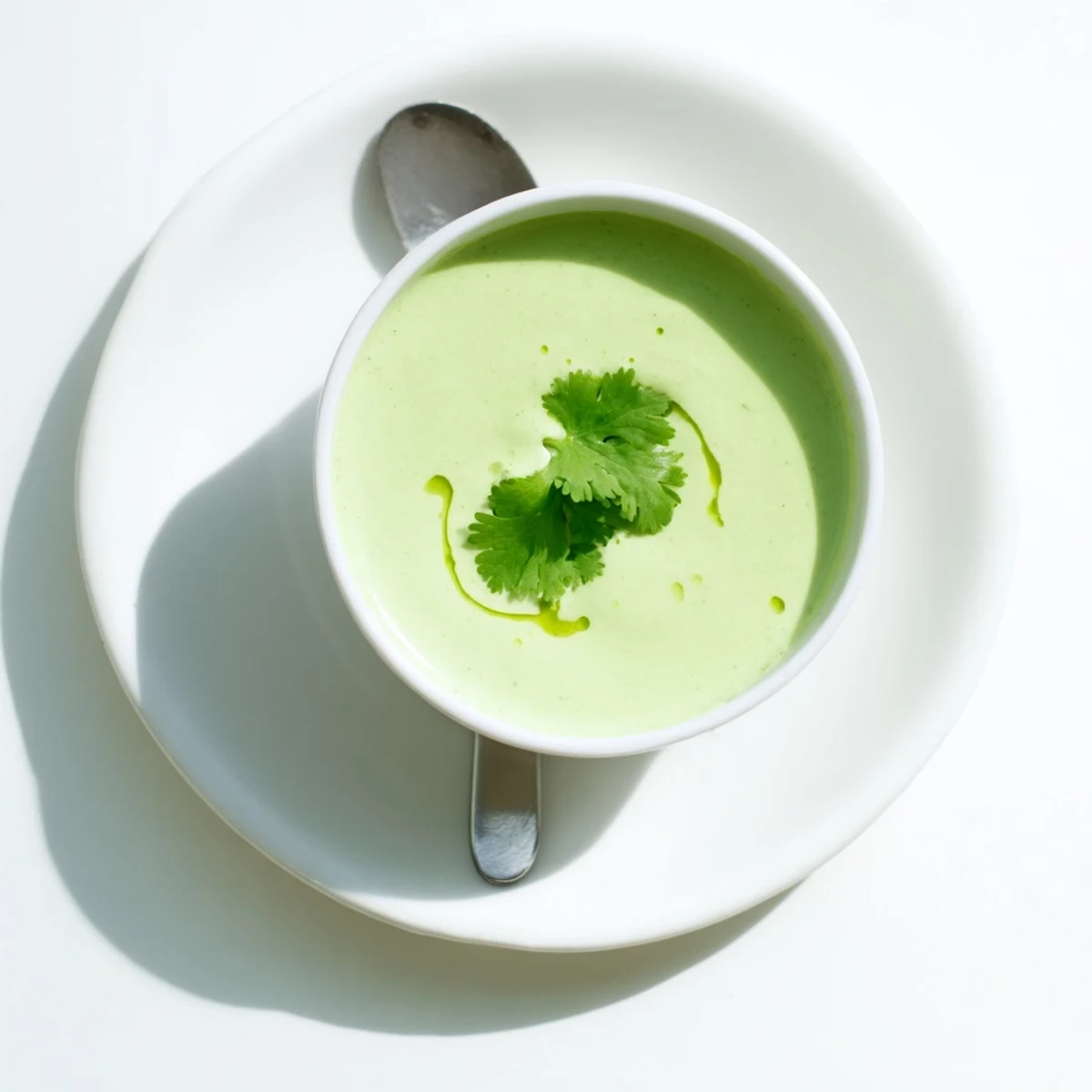 Bright green cilantro lime dipping sauce served in a small white bowl alongside tortilla chips