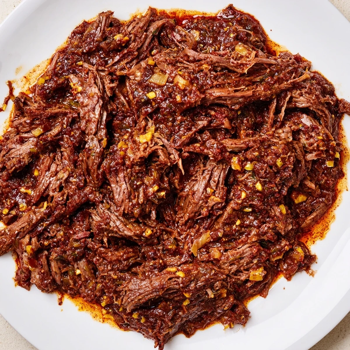 Tender slow cooker beef barbacoa shredded and piled high on warm corn tortillas