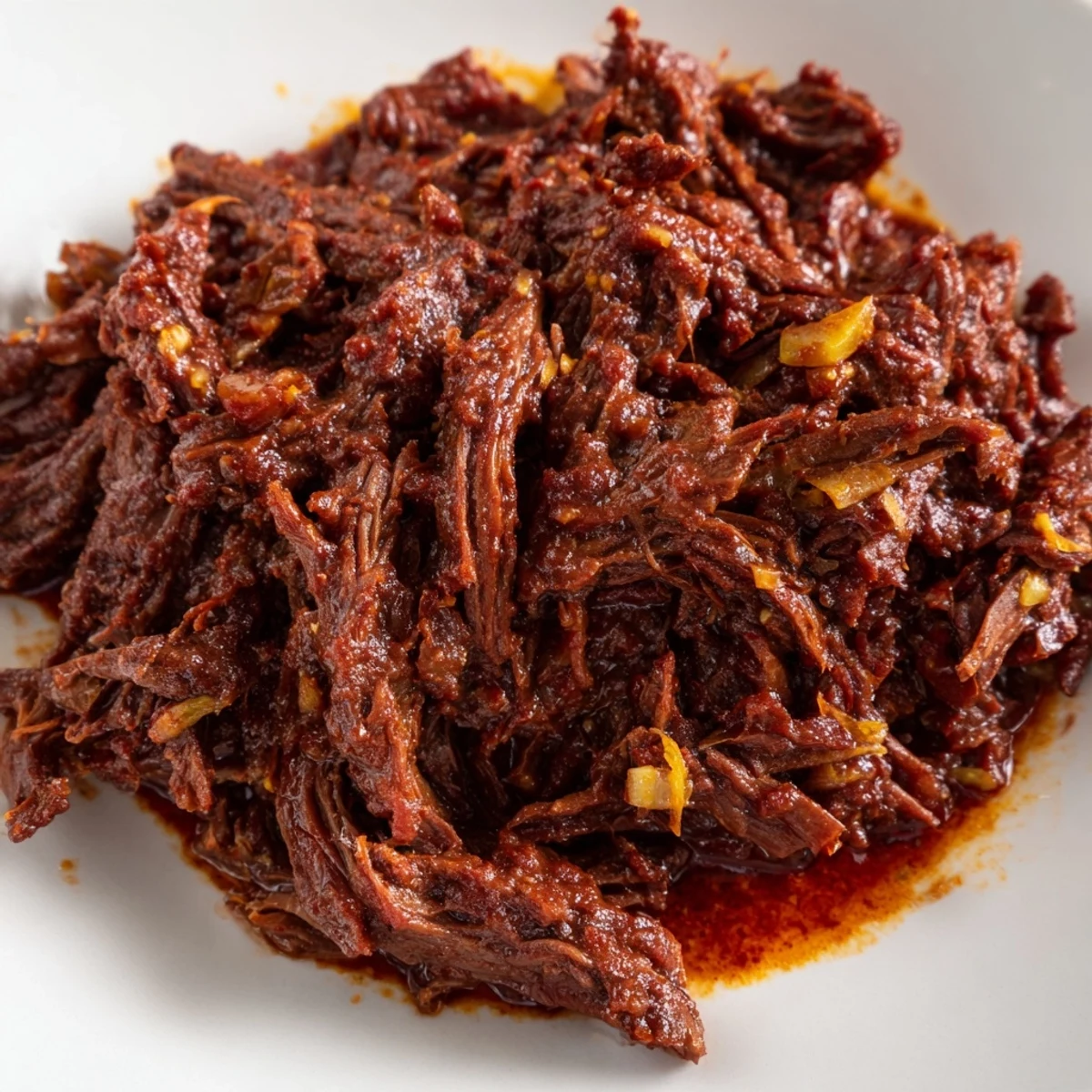 Savory shredded beef barbacoa glistening with cooking juices in a slow cooker ready for serving