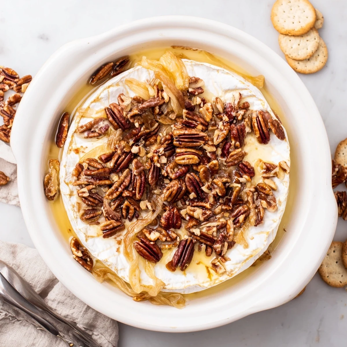 Golden wheel of baked brie with caramelized onions and toasted pecans oozing on a wooden board