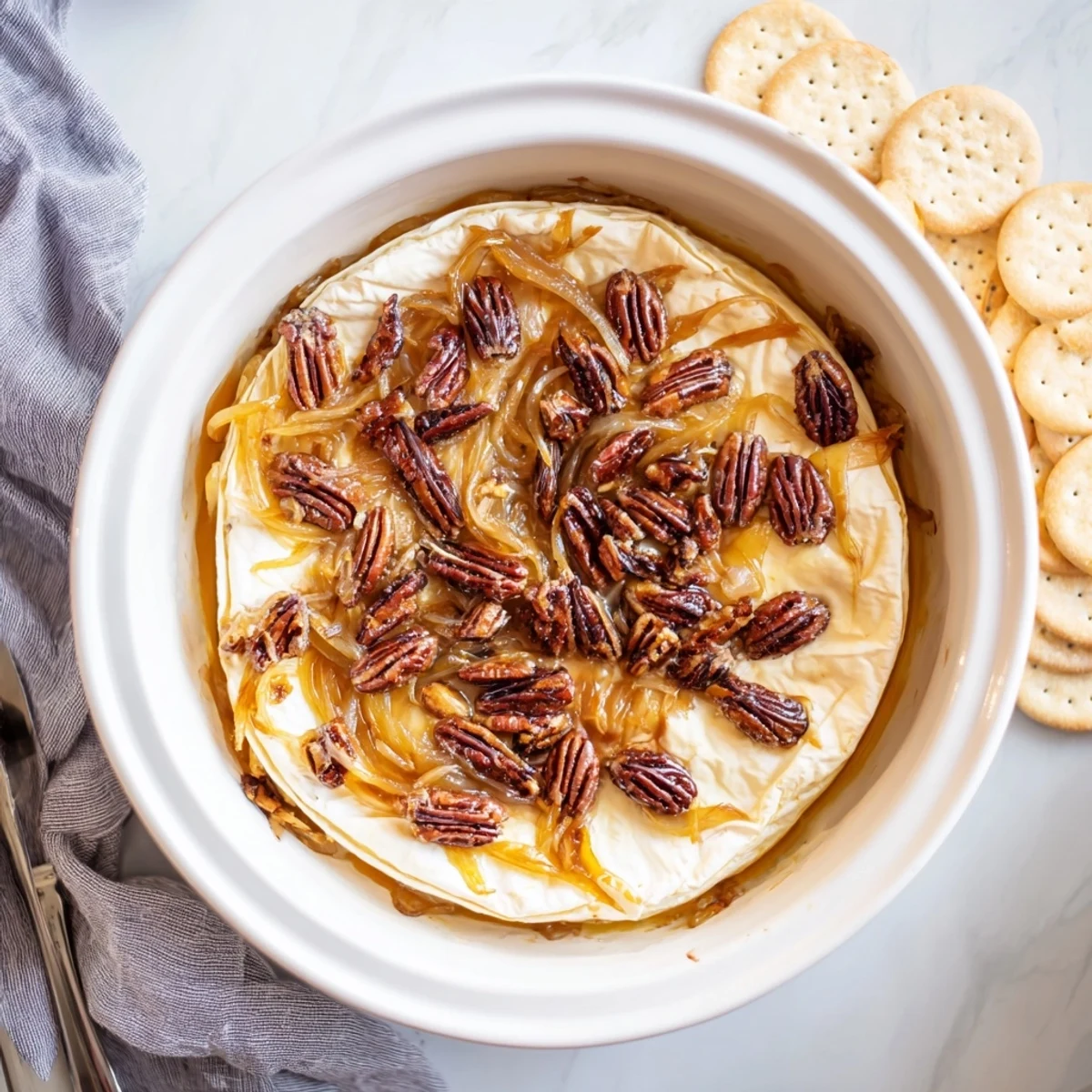 Creamy baked brie appetizer loaded with caramelized onions and pecan halves ready for dipping