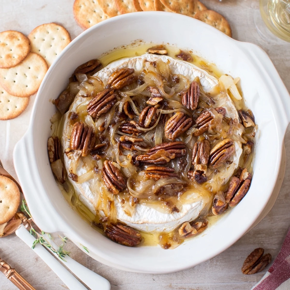 Warm brie topped with sweet golden onions and crunchy pecans served with crispy baguette slices