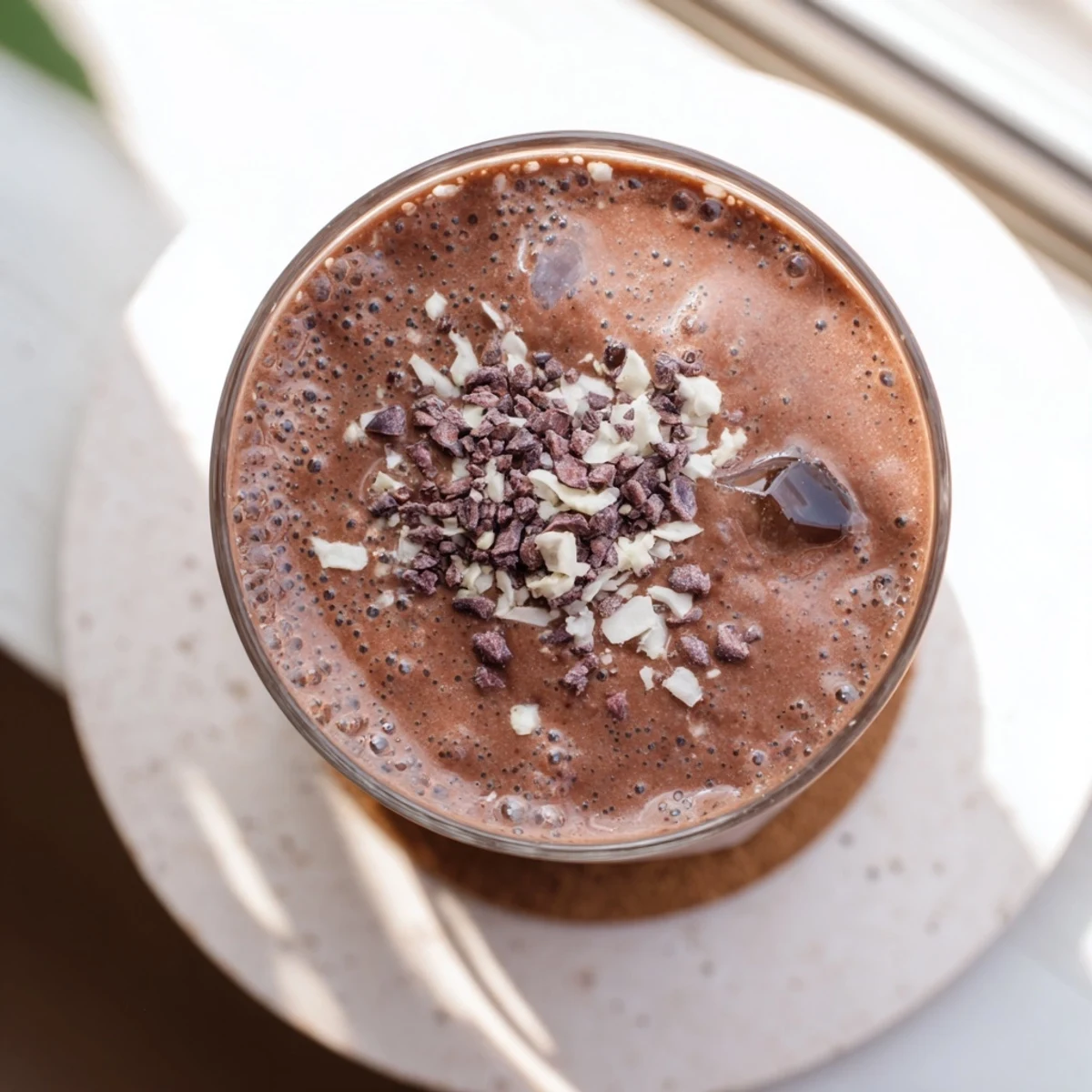 Glass of naturally sweetened raw chocolate banana shake topped with cacao nibs and coconut flakes