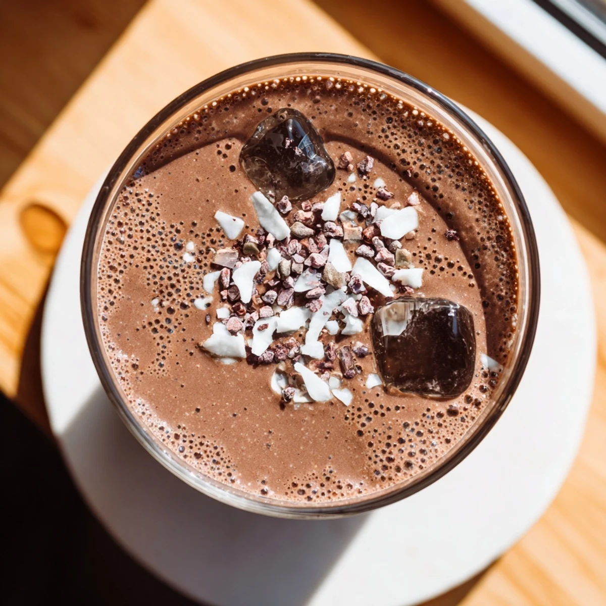 Creamy vegan shake blended with raw cacao powder and ripe frozen bananas