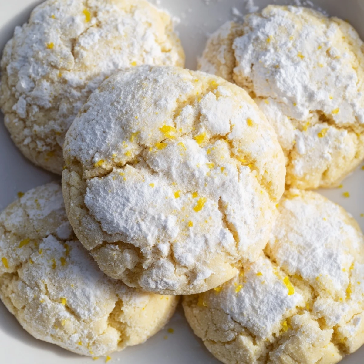 Stack of bright lemon cookies with cracked tops showing soft chewy texture inside