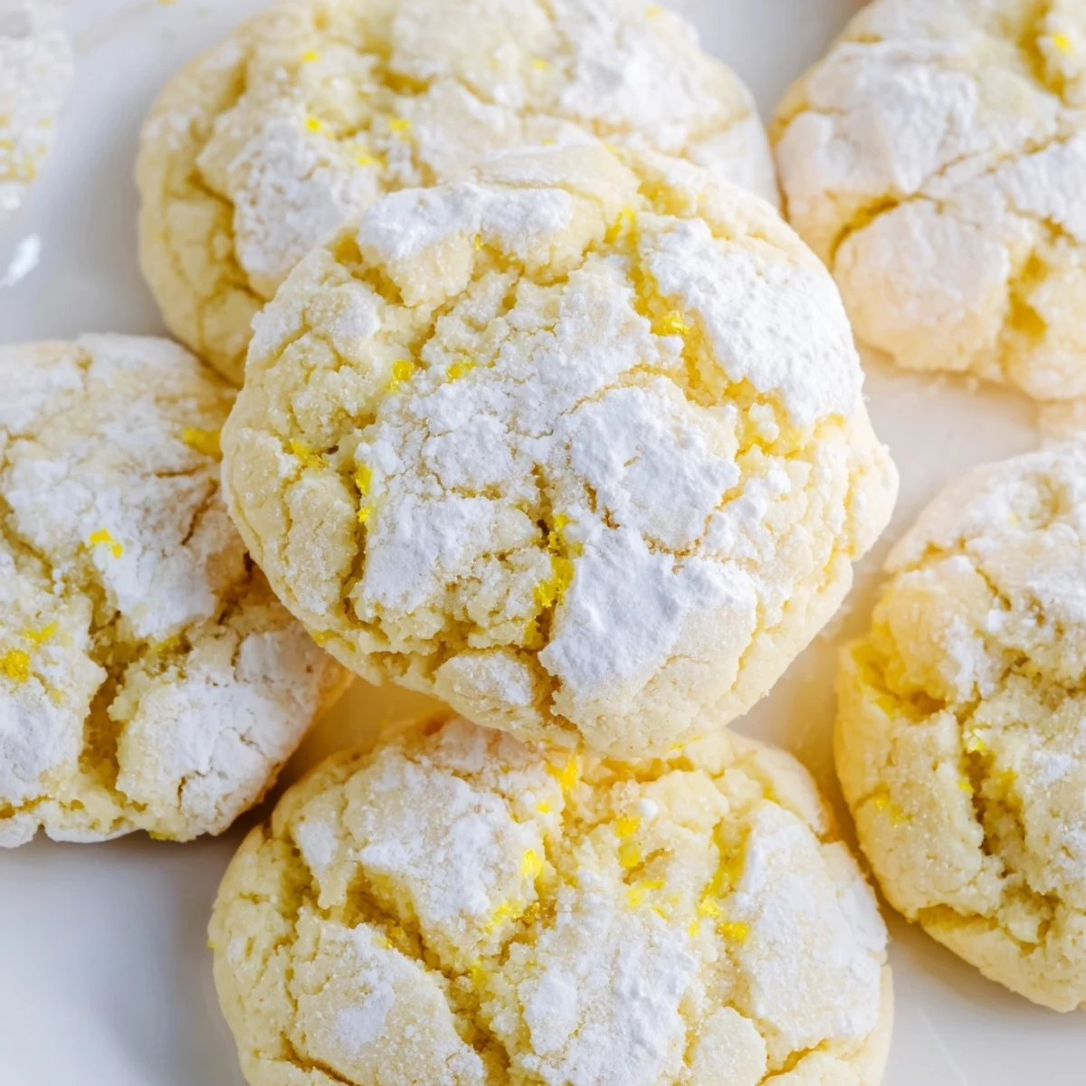 Golden soft chewy lemon cookies dusted with powdered sugar on a white wire cooling rack