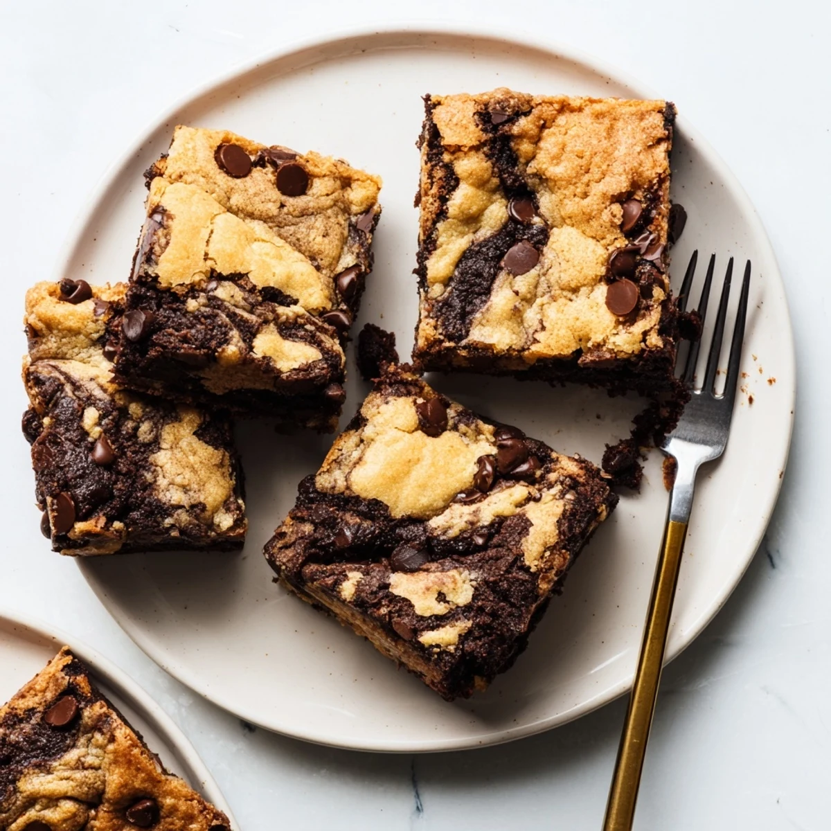 Golden-brown fudgy chewy brookies fresh from the oven with melted chocolate chips throughout