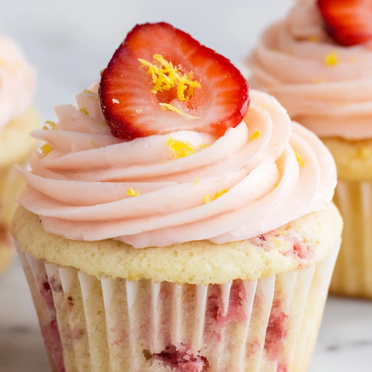 Freshly baked strawberry lemonade cupcakes topped with fluffy pink buttercream and strawberry garnish