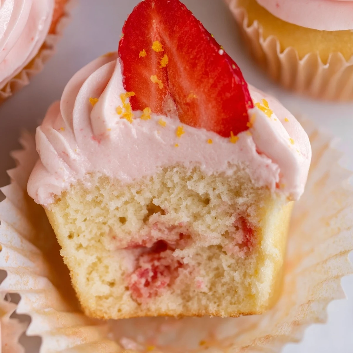 Pink frosted strawberry lemonade cupcakes on a white plate with fresh strawberry slices
