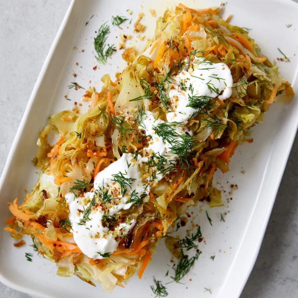 Vegetarian slow roasted cabbage and sauerkraut casserole served in a white baking dish with garnish