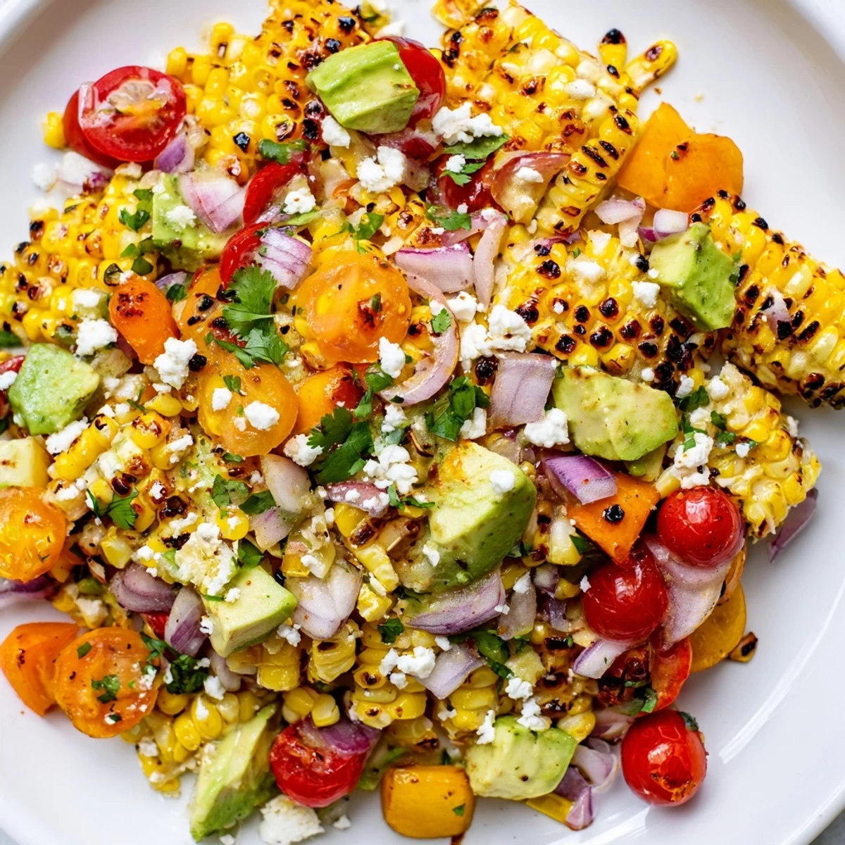 Colorful tropical charred corn and avocado salad with diced mango, pineapple, and red onion in a white bowl