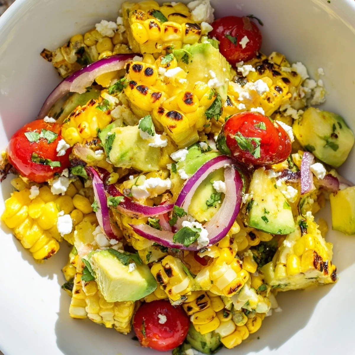 Fresh corn kernels grilled to golden brown perfection tossed with creamy avocado cubes and zesty lime dressing