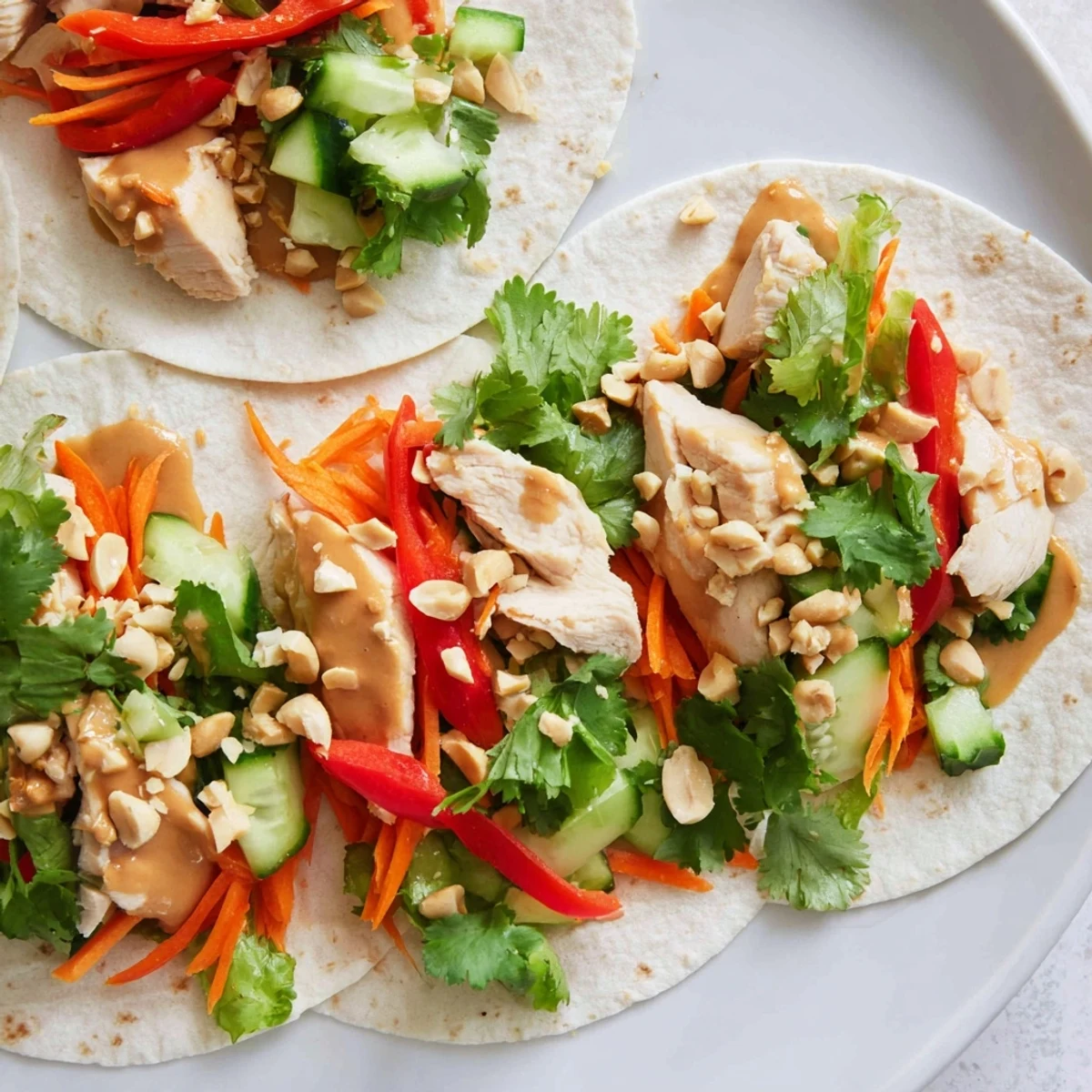 Freshly sliced grilled chicken wrapped in a flour tortilla with crisp vegetables and creamy Thai peanut sauce drizzled on top