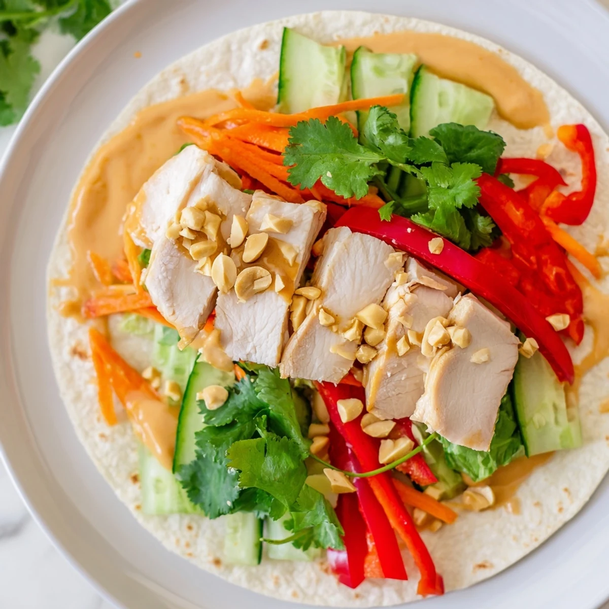 Vibrant Thai peanut chicken wraps filled with tender marinated chicken, colorful bell peppers, carrots, cucumber, and crunchy roasted peanuts