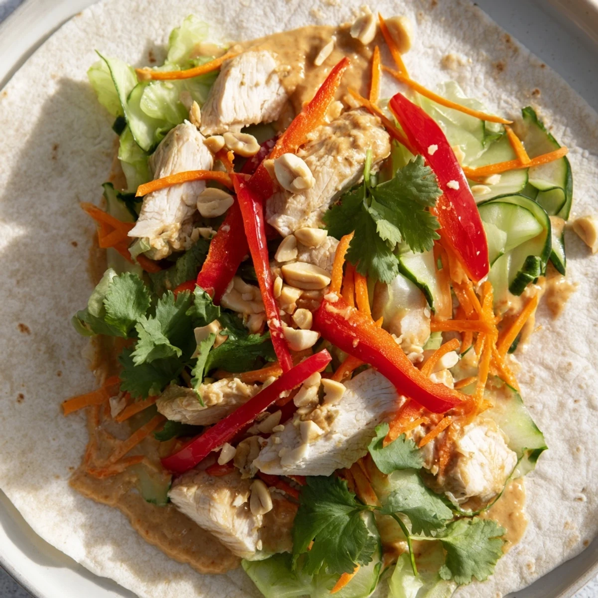 Handheld lunch featuring Thai peanut chicken wraps with shredded lettuce, julienned vegetables, sliced chicken, and rich peanut dressing