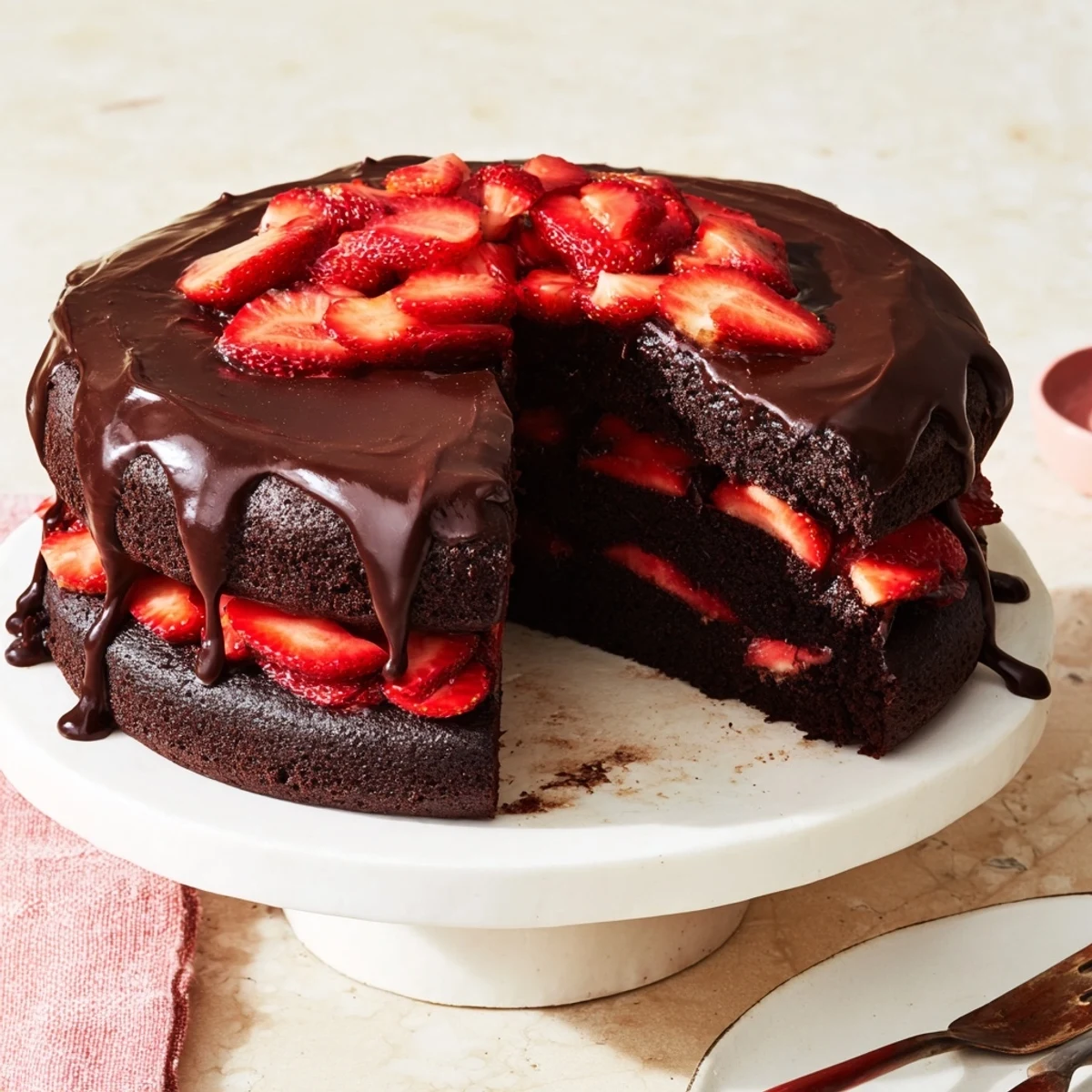 Decadent strawberry chocolate cake slice featuring fresh berries and glossy ganache topping