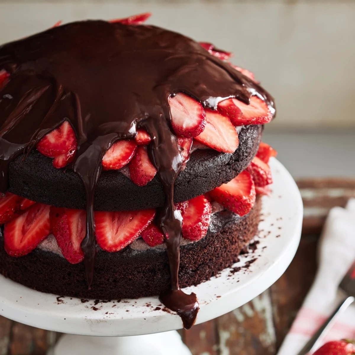 Moist chocolate layer cake topped with juicy strawberries and rich chocolate glaze